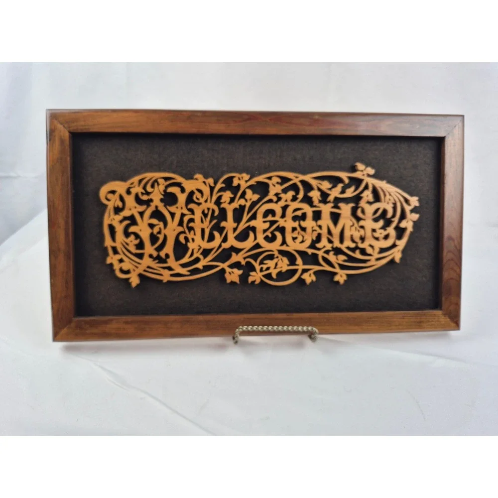 Vintage Welcome Sign Framed 3D Wood Scroll Saw Filigree Wall Art 18x9 Decor gift